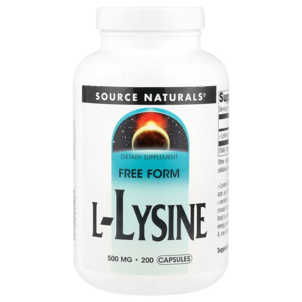L-лизин (L-Lysine) 500 мг (Source Naturals) — 200 капсул для синтеза коллагена и выработки энергии